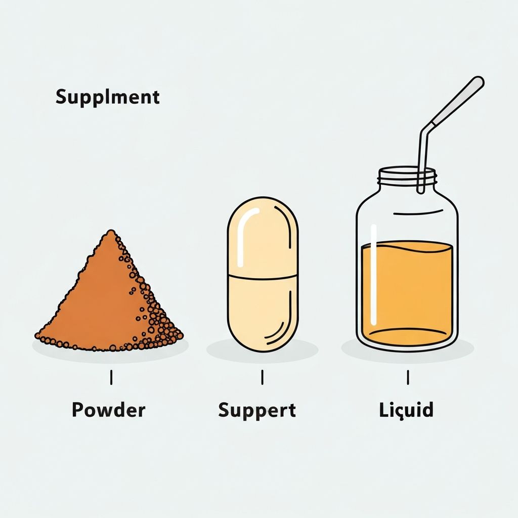 Trzy formy suplementów: proszek, kapsułka i płyn